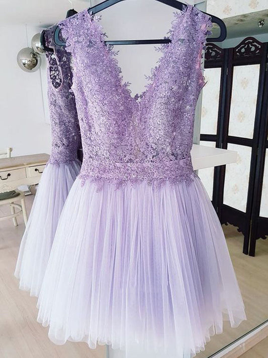 Deep V Neck Lavender Tulle Homecoming Dresses Lace Rachel A Line Pleated Sleeveless Backless