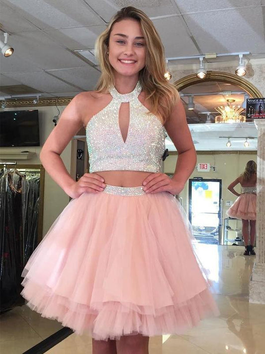 Halter Sleeveless Cut Out Pleated Tulle Jordin Two Pieces A Line Pink Homecoming Dresses Beading