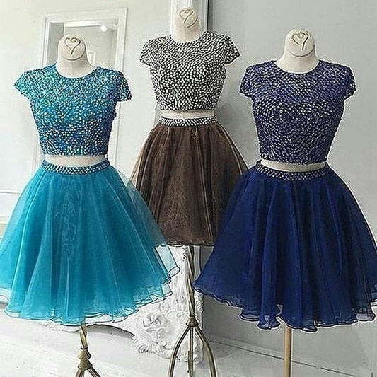 Cap Sleeve Homecoming Dresses Londyn Two Pieces A Line Organza Pleated Rhinestone Round Neck