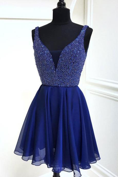 Deep Chiffon Homecoming Dresses Royal Blue A Line Brianna V Neck Appliques Sparkle Sleeveless