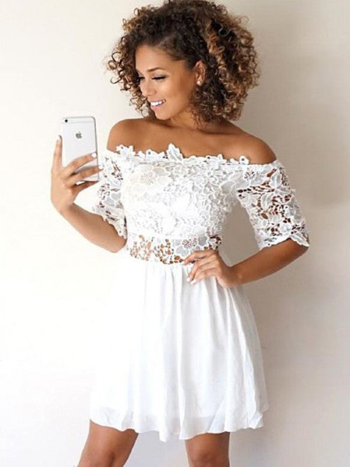 Half Sleeve Off Homecoming Dresses Chiffon Gina A Line The Shoulder Appliques Hollow Pleated White