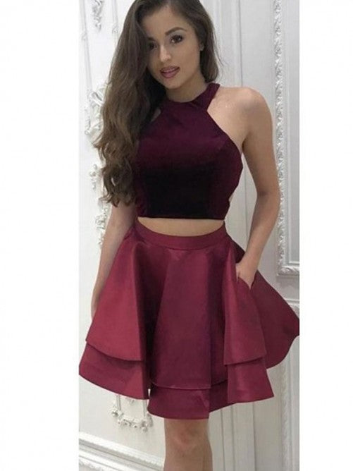 Halter Sleeveless Burgundy Pleated A Line Two Pieces Jan Homecoming Dresses Satin Tiered Short