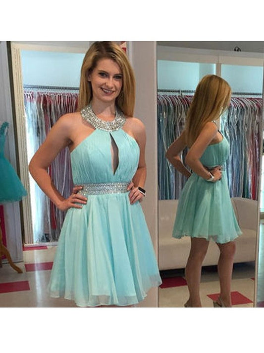 Halter Sleeveless Pleated Molly Homecoming Dresses A Line Chiffon Blue Cut Out Rhinestone