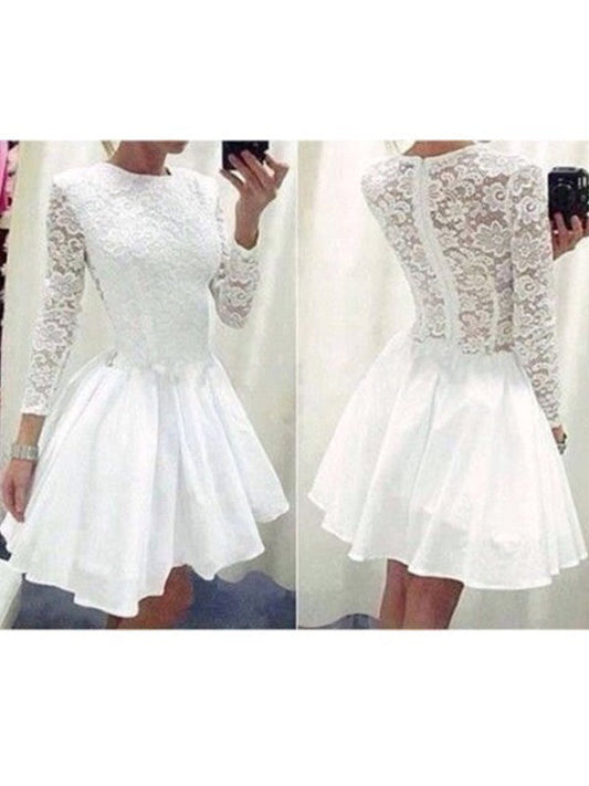 Long Sleeve Jewel Satin A Line Lace Hanna Homecoming Dresses White Pleated Appliques