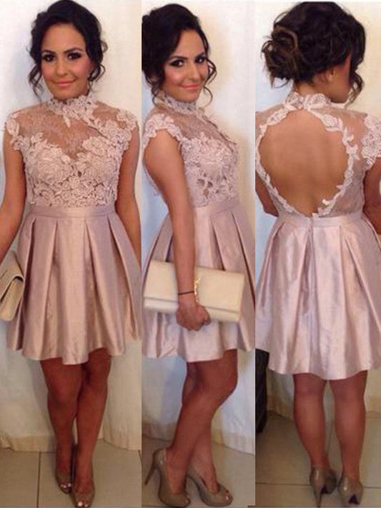 Appliques Homecoming Dresses Abbigail Lace Satin Sheer High Neck Backless Cap Sleeve Dusty Rose