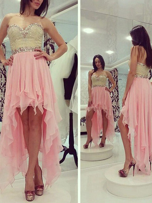 High Chiffon Homecoming Dresses Pink A Line Caylee Low Strapless Sweetheart Backless Beading