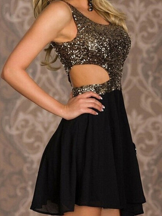 Scoop A Line Homecoming Dresses Chiffon Cristina Sleeveless Cut Out Black Short Sexy Sequins
