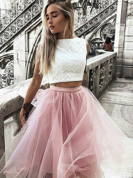 Jewel Sleeveless Lace Two Pieces Pink A Line Amanda Homecoming Dresses Appliques Tulle Pleated