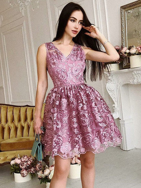 Daniela Pink Homecoming Dresses Lace V Neck Sleeveless Ball Gown Appliques Flowers