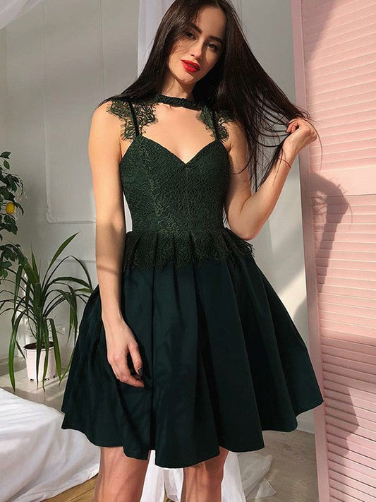 Anne Satin A Line Homecoming Dresses Lace Sleeveless Pleated V Neck Appliques Dark Green