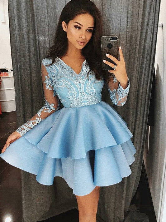 Long Sleeve Sheer Norah Homecoming Dresses Satin V Neck Appliques Ball Gown Tiered Blue