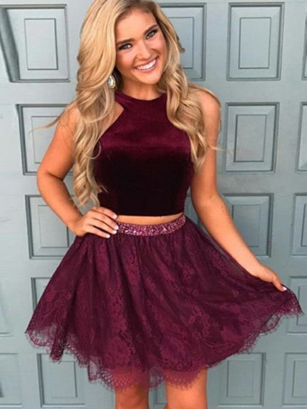 Burgundy Halter Sleeveless Flowers Homecoming Dresses Lace A Line Marisol Two Pieces Beading