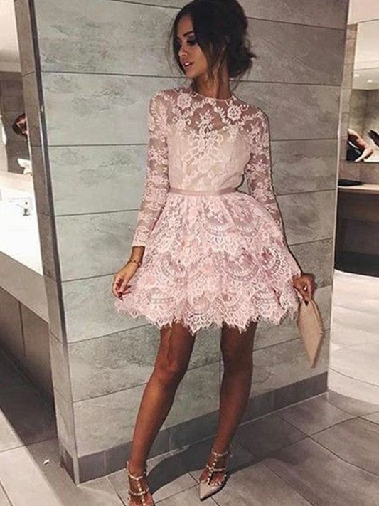 Long Sleeve Jewel Tiered A Line Homecoming Dresses Kaydence Lace Pink Short Flowers Sheer