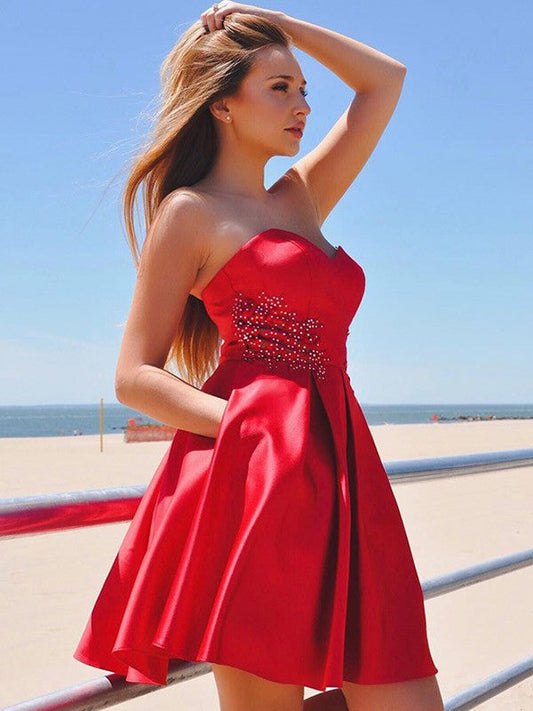 Homecoming Dresses Satin Caitlin A Line Sweetheart Strapless Red Pleated Backless Short