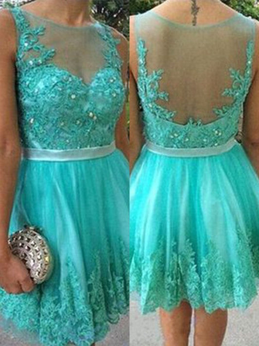 Lace Homecoming Dresses Karma Turquoise Sheer Sleeveless Jewel Pleated Short Appliques