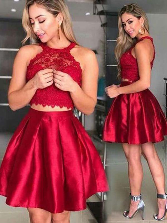 Sleeveless Halter Pleated A Line Satin Two Pieces Ariana Lace Homecoming Dresses Short Red