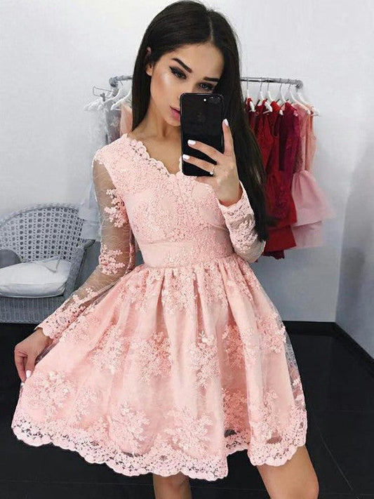 Long Sleeve V Neck Appliques Sheer Lace Emmy A Line Homecoming Dresses Pink Flowers Short