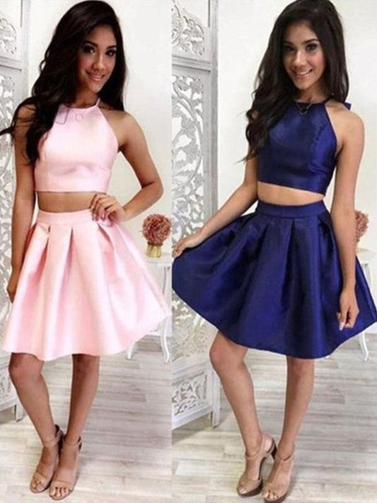 Halter Sleeveless Pleated Above Satin Lizbeth A Line Homecoming Dresses Two Pieces Knee