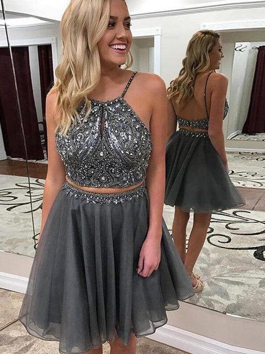 Halter Spaghetti Straps Grey Backless A Line Two Pieces Lydia Homecoming Dresses Organza Beading