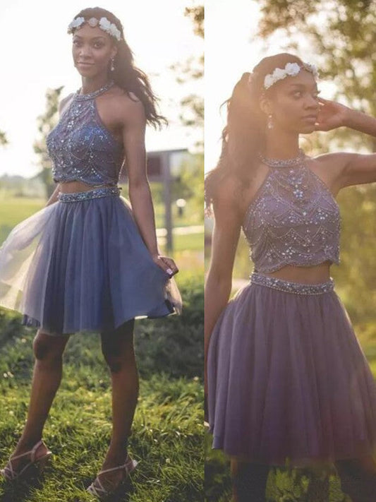 Halter Sleeveless Pleated A Line Homecoming Dresses Two Pieces Tess Tulle Beading Short