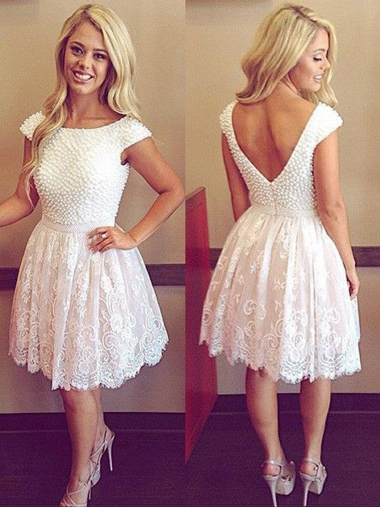 Scoop Cap Sleeve White Ball Gown Flowers Homecoming Dresses Lace Jaylee Backless Beading