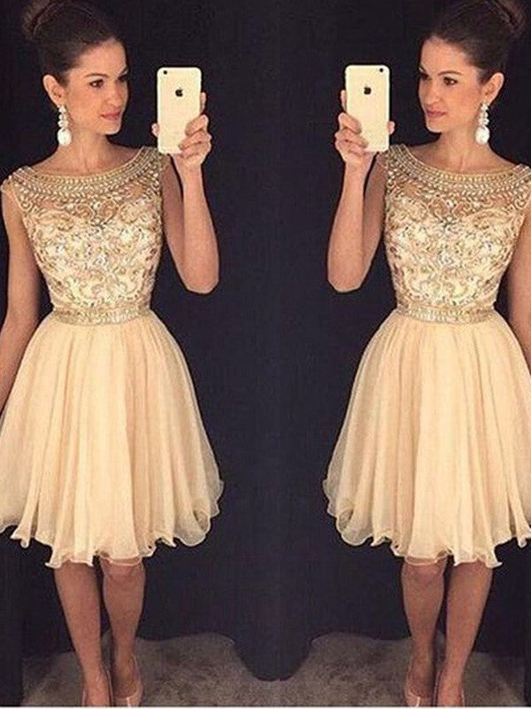 Scoop Cap Sleeve Champagne Chiffon Kamryn Homecoming Dresses A Line Beading Knee Length Pleated