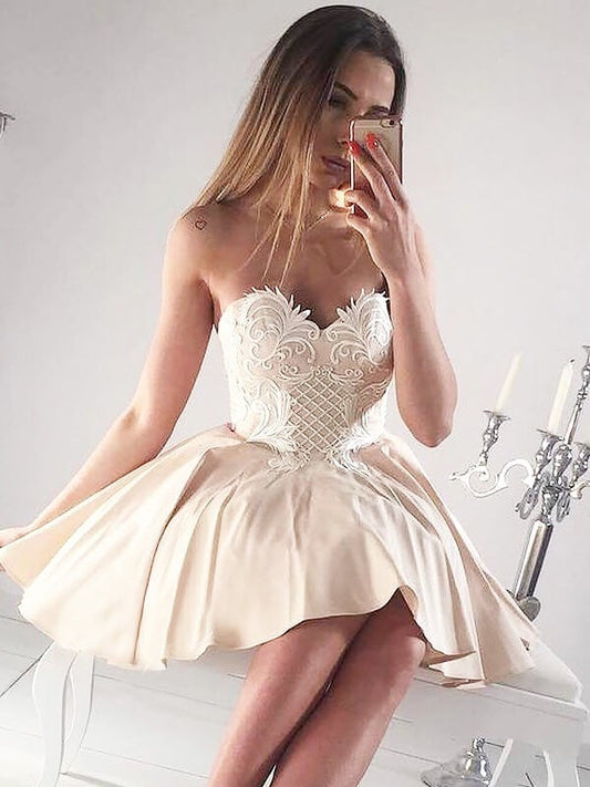 Strapless Sweetheart Appliques Taffeta Pleated Short A Line Ivory Jayden Homecoming Dresses Backless