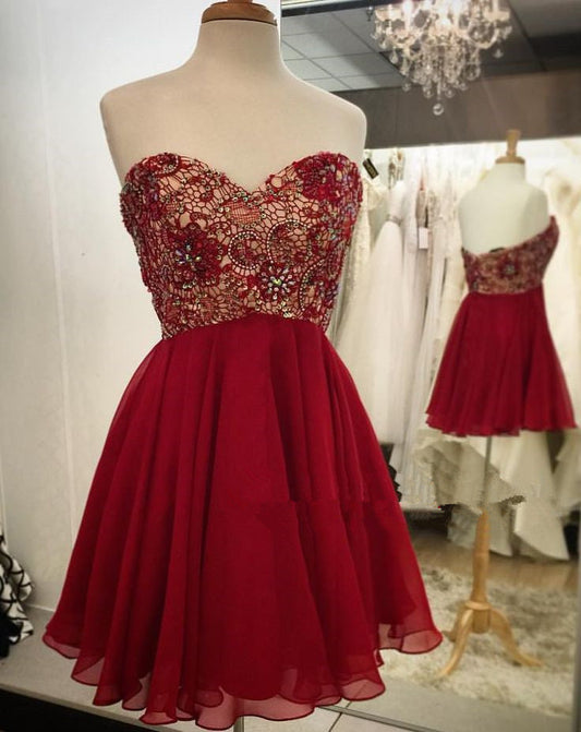 Backless Strapless Sweetheart Red Pleated Lace Homecoming Dresses Kyra Chiffon A Line Beading