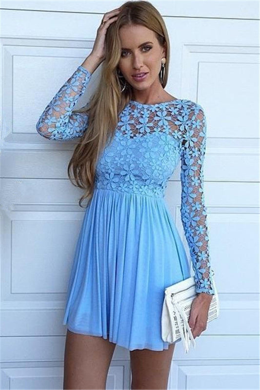 Jewel Lace Chiffon A Line Homecoming Dresses Jaycee Long Sleeve Blue Hollow Flowers Pleated