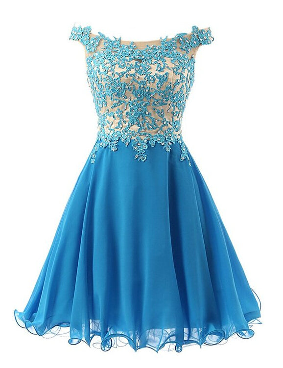 Off The A Line Chiffon Homecoming Dresses Macey Shoulder Blue Pleated Appliques Flowers