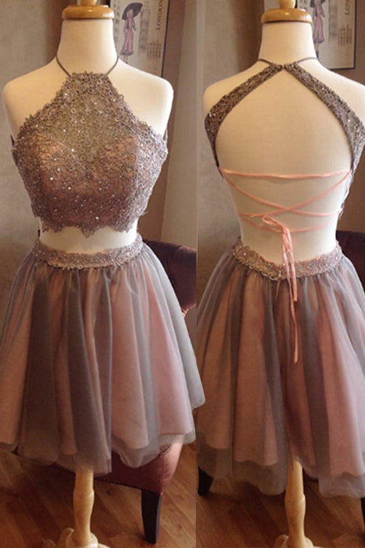 Halter Backless Sleeveless Straps Tulle Paisley A Line Two Pieces Homecoming Dresses Pleated
