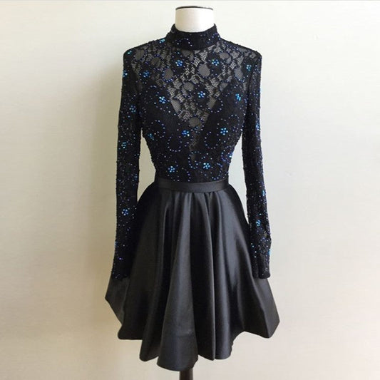 Beading Pleated Black Long Lace Homecoming Dresses A Line Zoie Satin Sleeve High Neck Short