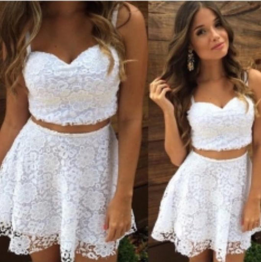 Spaghetti Straps Sweetheart White Homecoming Dresses Two Pieces A Line Deanna Lace Short