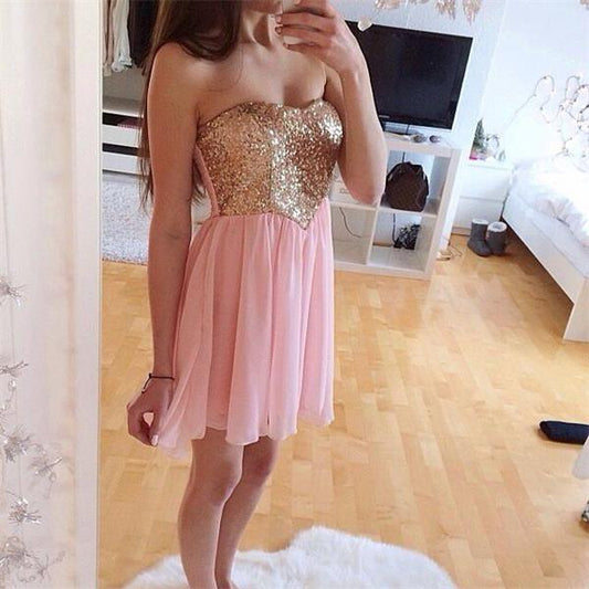 Strapless Sweetheart Pleated Short Homecoming Dresses Shayla Chiffon A Line Pink Sequins