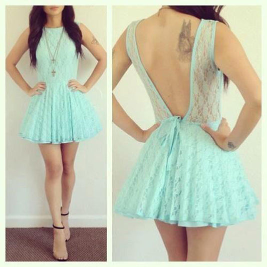 Backless Jewel Lace A Line Ryann Homecoming Dresses Sleeveless Pleated Blue Hollow Short