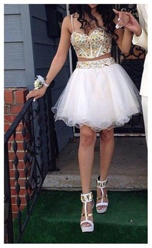 Spaghetti Two Pieces A Line Homecoming Dresses Rosemary Straps Rhinestone Organza White Sweetheart