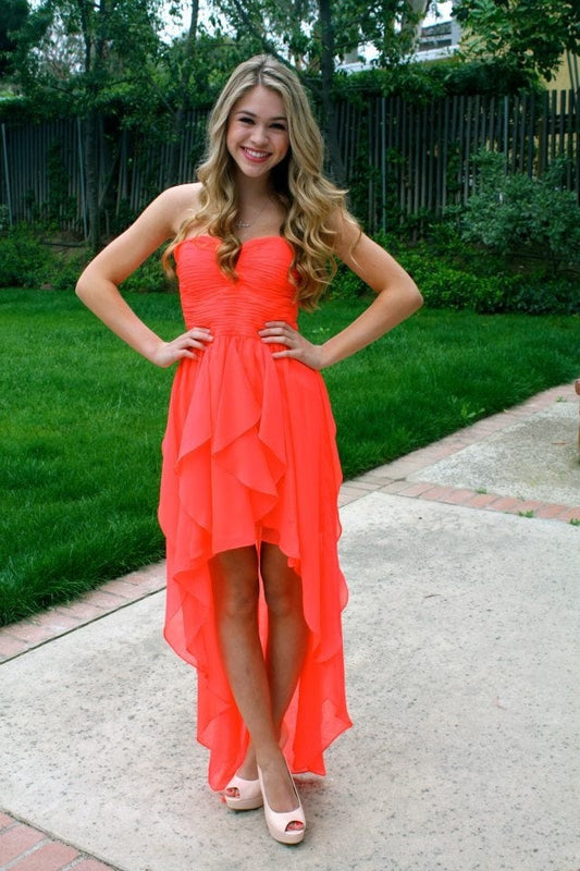 High Low Strapless A Line Chiffon Homecoming Dresses Tia Sweetheart Coral Pleated
