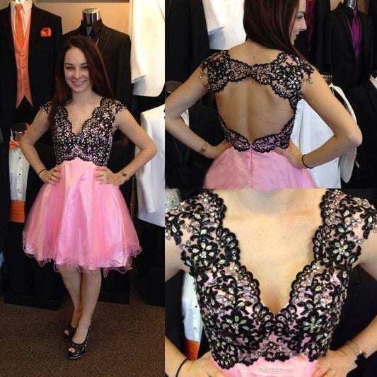 Cap Sleeve Pink A Line Homecoming Dresses Lace Karlee V Neck Backless Appliques Rhinestone Organza