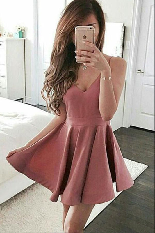 Spaghetti Straps V Neck Micah Satin Homecoming Dresses A Line Pleated Dusty Rose Short Simple