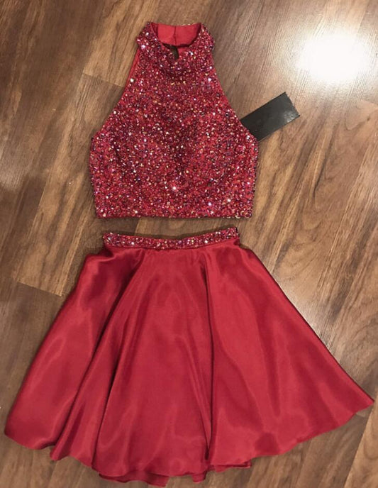 Halter Sleeveless Red Beading Pleated Homecoming Dresses Two Pieces Yvonne Satin A Line Short