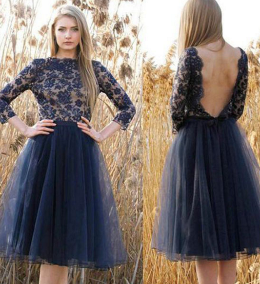 Jewel Long Sleeve Dark Navy Backless Flowers Homecoming Dresses A Line Charlize Lace Tulle Pleated