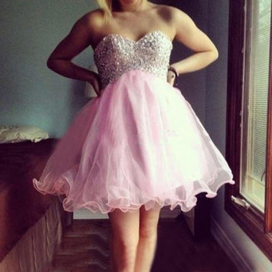 Organza Pleated Strapless Pink A Line Tori Homecoming Dresses Sweetheart Beading Short