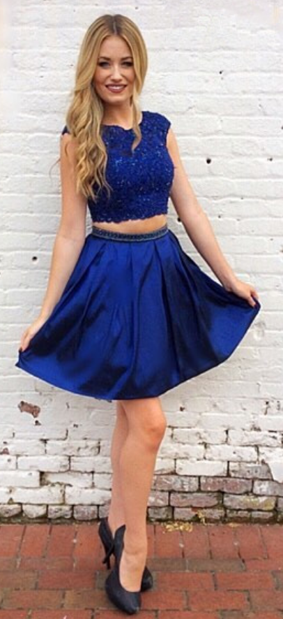 Cap Sleeve Pleated Appliques Cali A Line Two Pieces Satin Royal Blue Homecoming Dresses Short
