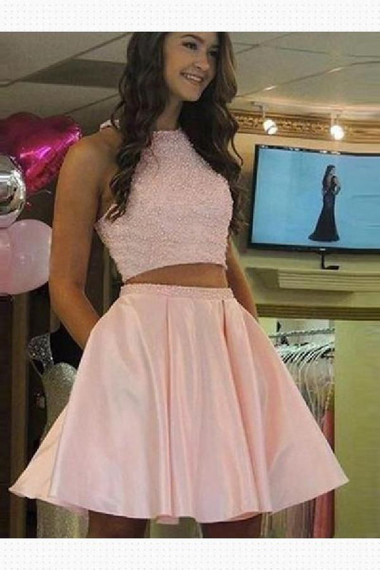 Halter Homecoming Dresses Pink Satin Two Pieces Laura A Line Jewel Sleeveless Pleated