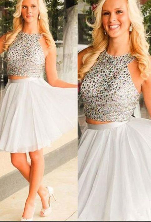Halter Sleeveless Cheyenne A Line Two Pieces Homecoming Dresses Chiffon White Beading