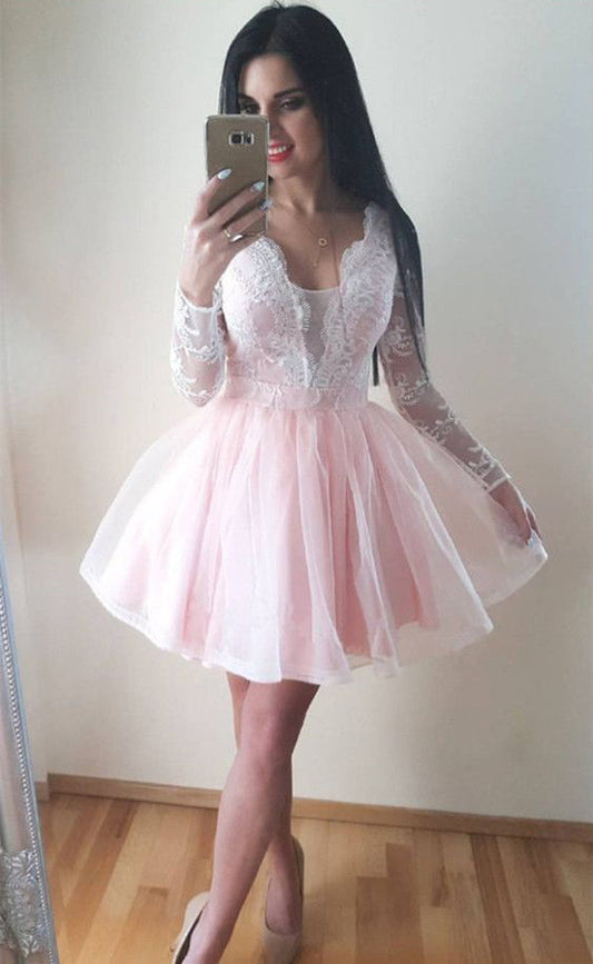 Long Sleeve Sheer Tulle Alisha Lace Pink Homecoming Dresses Pleated Short Deep V Neck Exquisite