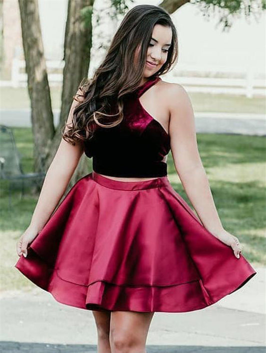 Two Pieces Satin Carleigh Homecoming Dresses Halter Sleeveless Burgundy Pleated Short