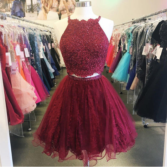 Burgundy Halter Homecoming Dresses Lace A Line Two Pieces Alexandra Sleeveless Appliques Organza