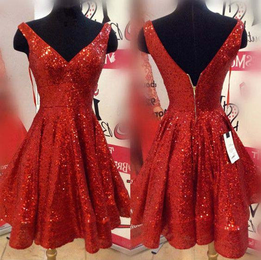 V Neck Sleeveless Backless Homecoming Dresses Valery A Line Pleated Sequins Red Sparkle