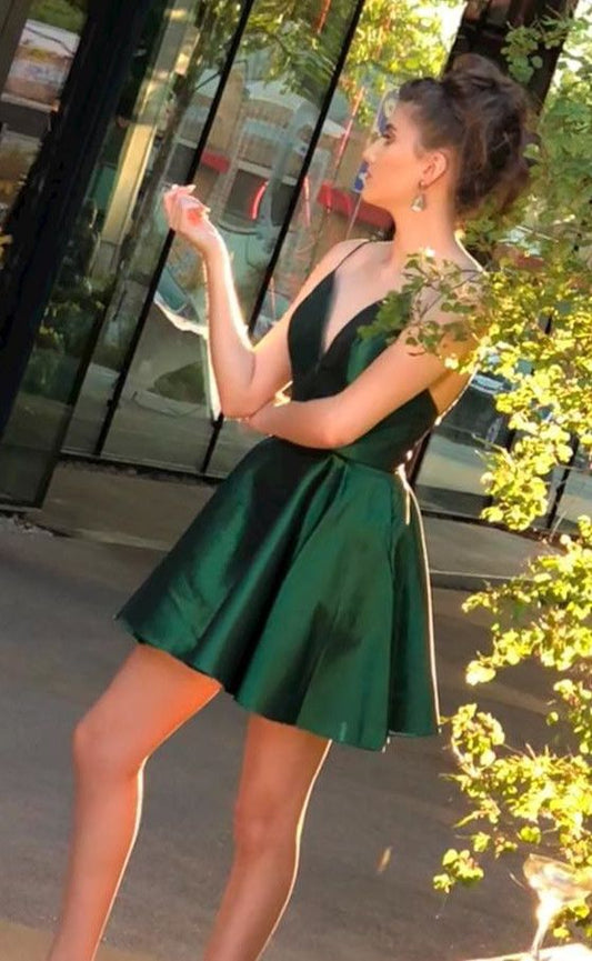 Deep V Neck Spaghetti Straps Homecoming Dresses Satin Shyla Short Dark Green Pleated